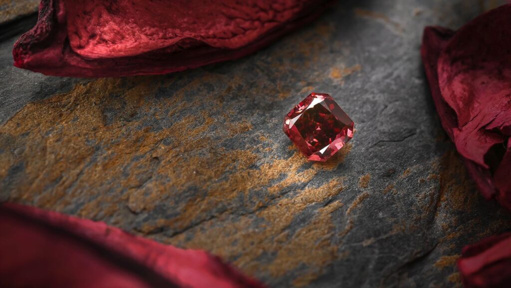 A radiant-cut, 0.71-carat, fancy-red Argyle diamond.