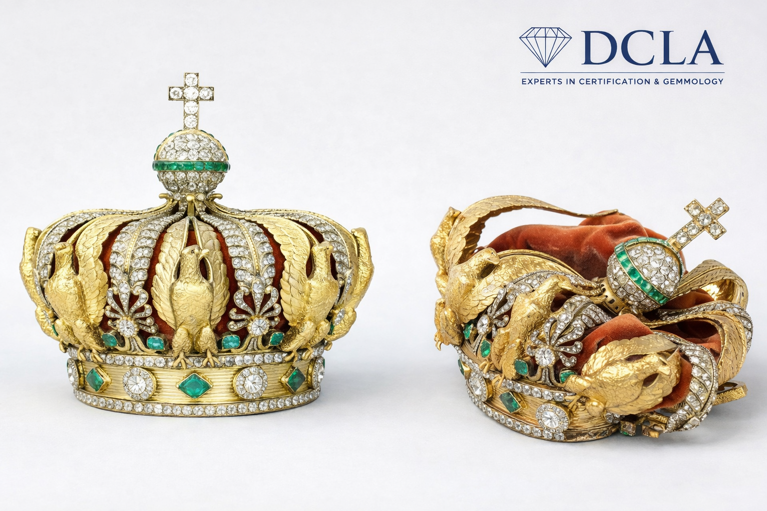 The crown itself is a masterwork of 19th-century high jewellery, adorned with 56 emeralds and more than 1,350 diamonds, and originally surmounted by eight golden eagles