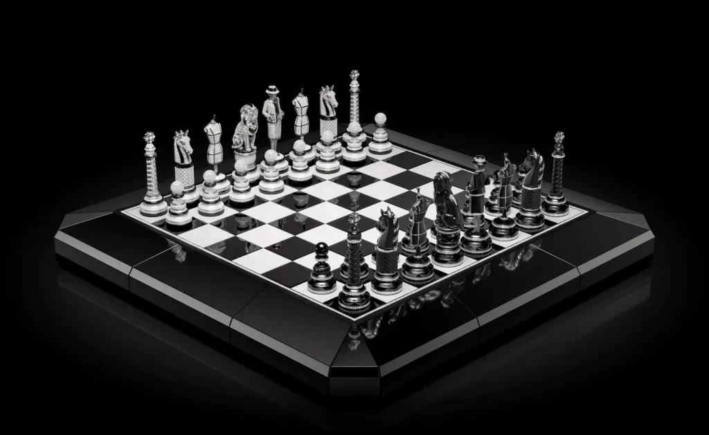The 32-piece chess set is meticulously crafted from ceramic, gold, and an astonishing 9,000 diamonds.