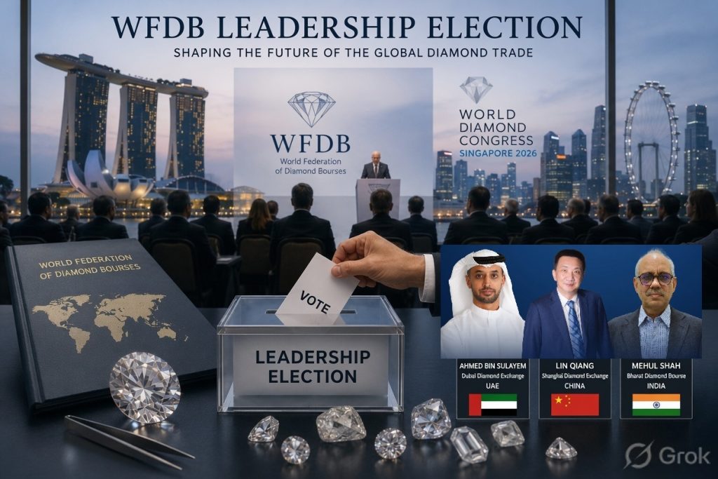The World Federation of Diamond Bourses (WFDB) is preparing for one of its most closely watched presidential elections in decades, with three prominent industry figures competing to lead the organisation at a time when the natural diamond sector faces unprecedented change.