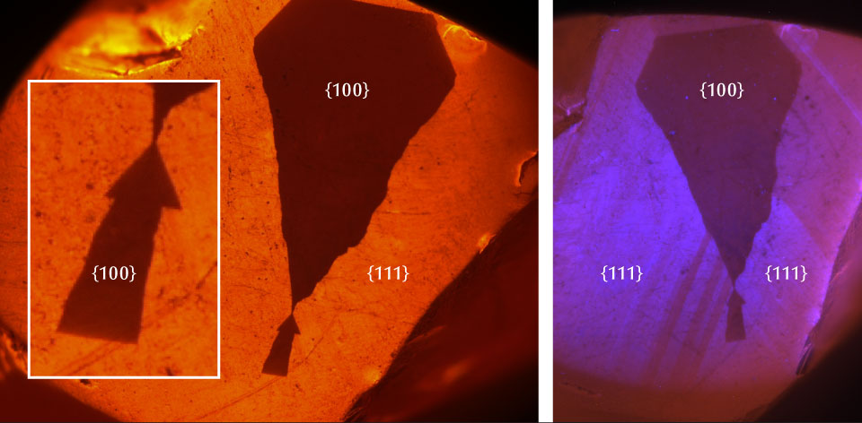 One of the most intriguing aspects of the examination was revealed through DiamondView imaging. Under deep ultraviolet (UV) illumination, the diamond displayed a dark, nonfluorescing area resembling an arrow pointing towards the profile of an elongated diamond.